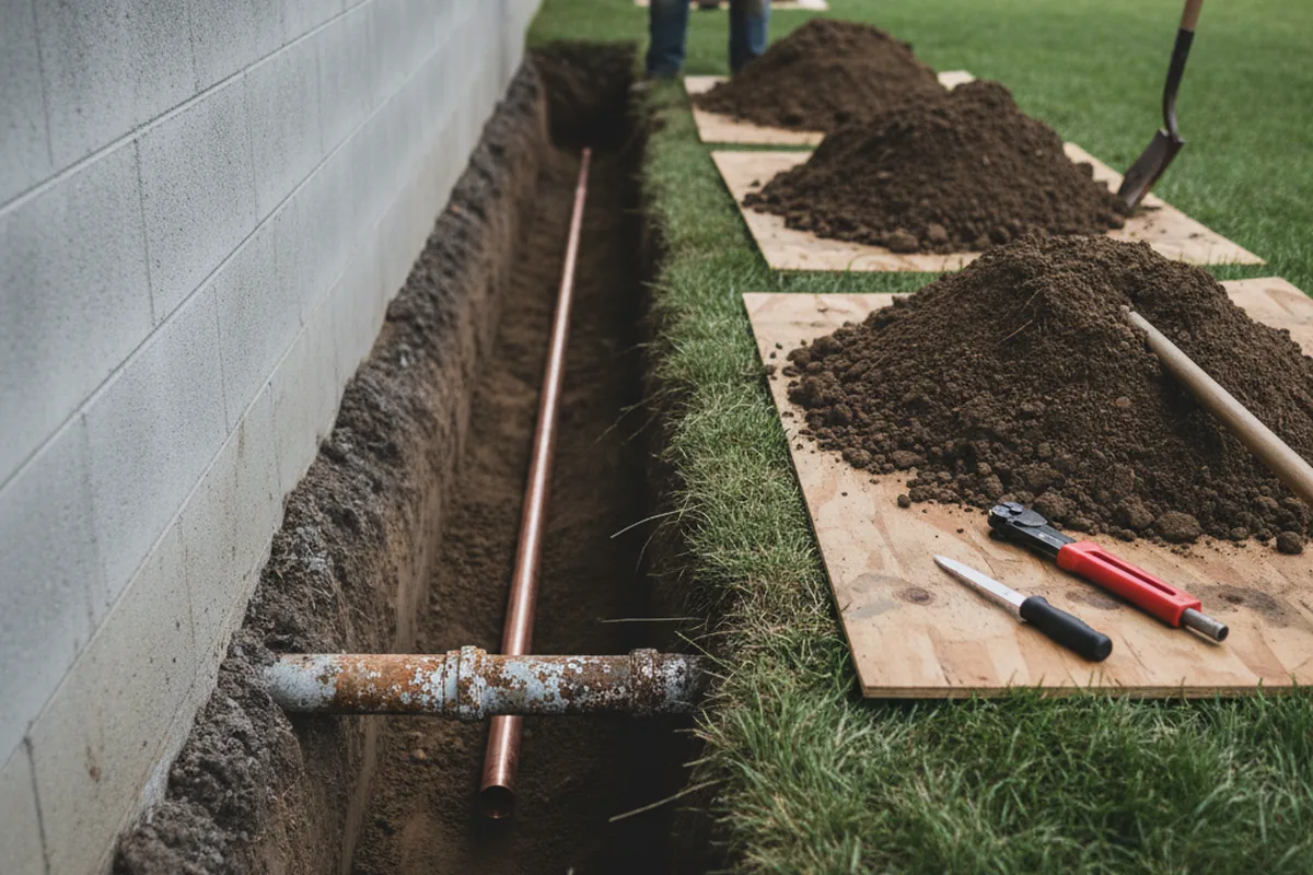 Excavated water line trench during Water Heater Repair in Hendersonville